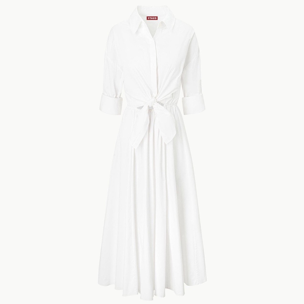 STAUD White Pleated Tie-Front Shirt Dress